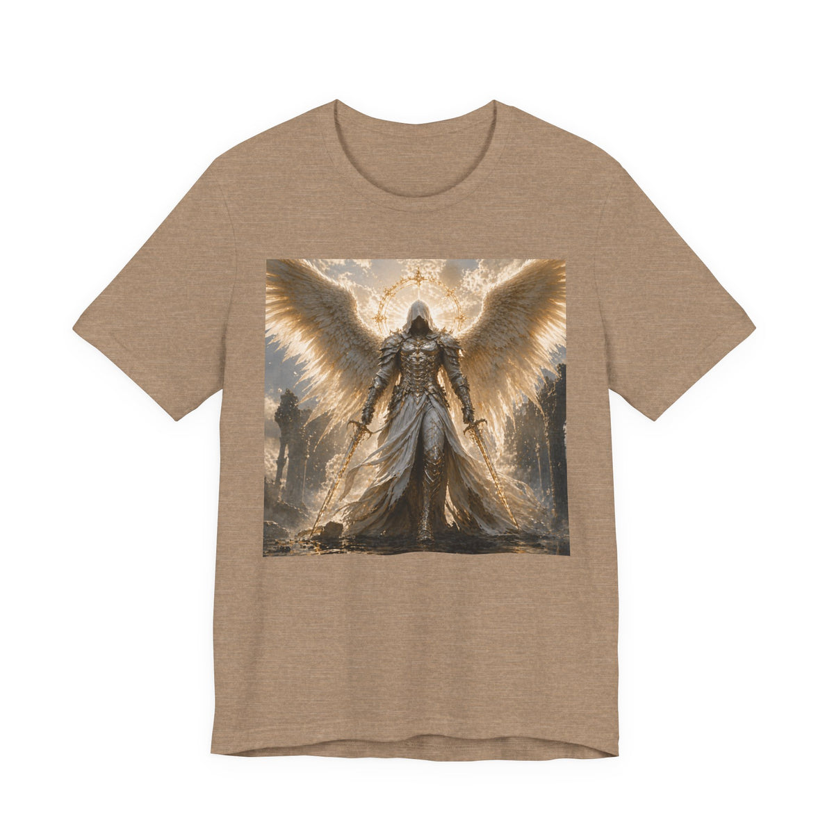 Angel Warrior Graphic Tee — Gold Guardian Wings T-Shirt