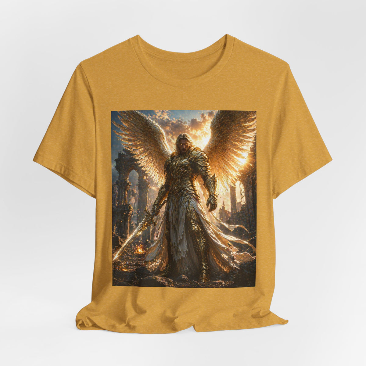 Angel Warrior Graphic Tee — Golden Archangel Battle Scene T-Shirt