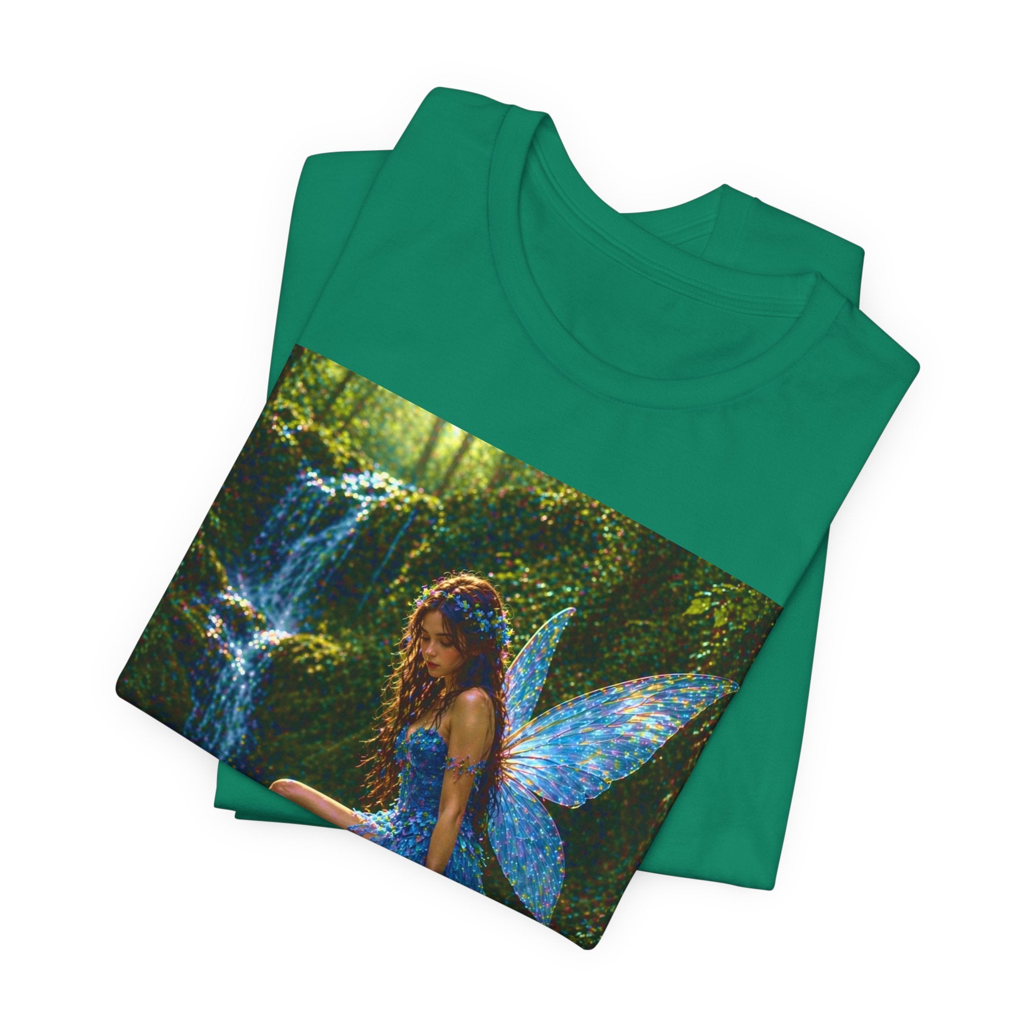 Fairy Forest T-Shirt — Enchanted Blue Fairy Sitting by Waterfall