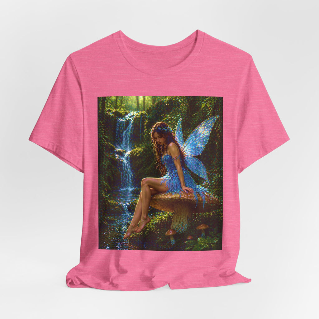 Fairy Forest T-Shirt — Enchanted Blue Fairy Sitting by Waterfall