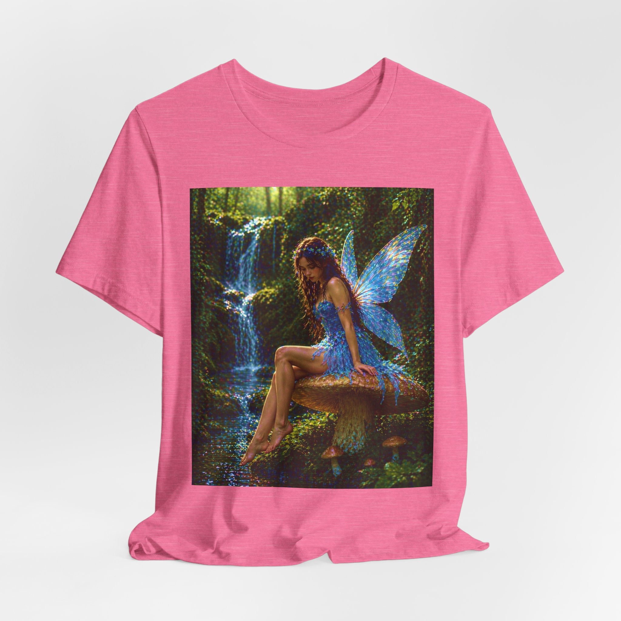 Fairy Forest T-Shirt — Enchanted Blue Fairy Sitting by Waterfall