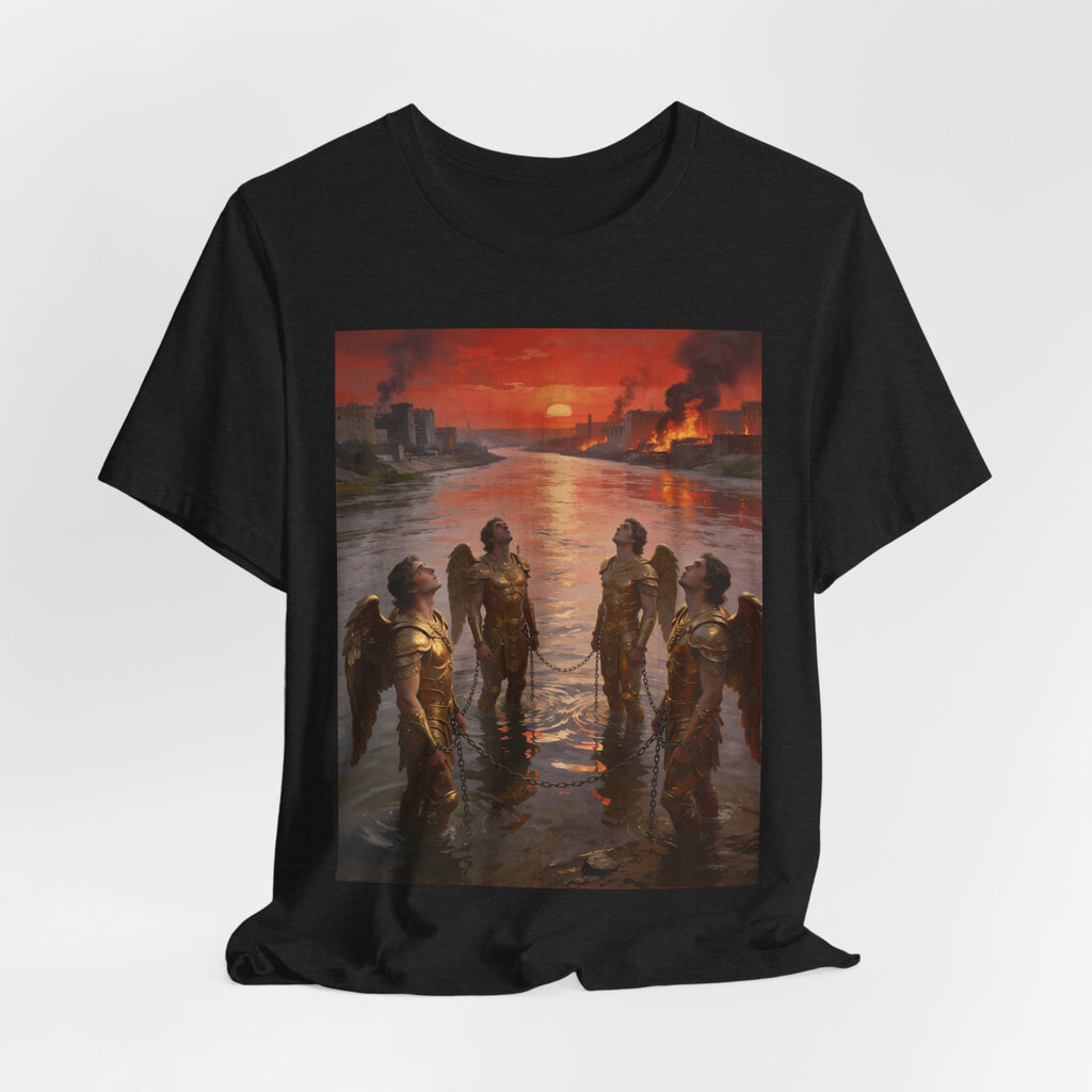 Revelation 9 reveals four fallen angels bound in the Euphrates River, awaiting God’s appointed time to bring judgment. T-Shirt