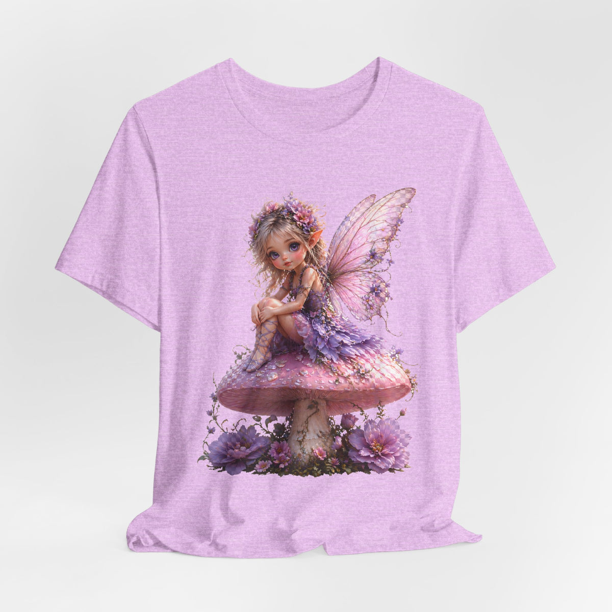 Fairy on Mushroom T-Shirt — Cute Pink Butterfly Fairy Graphic Tee for Kids & Adults