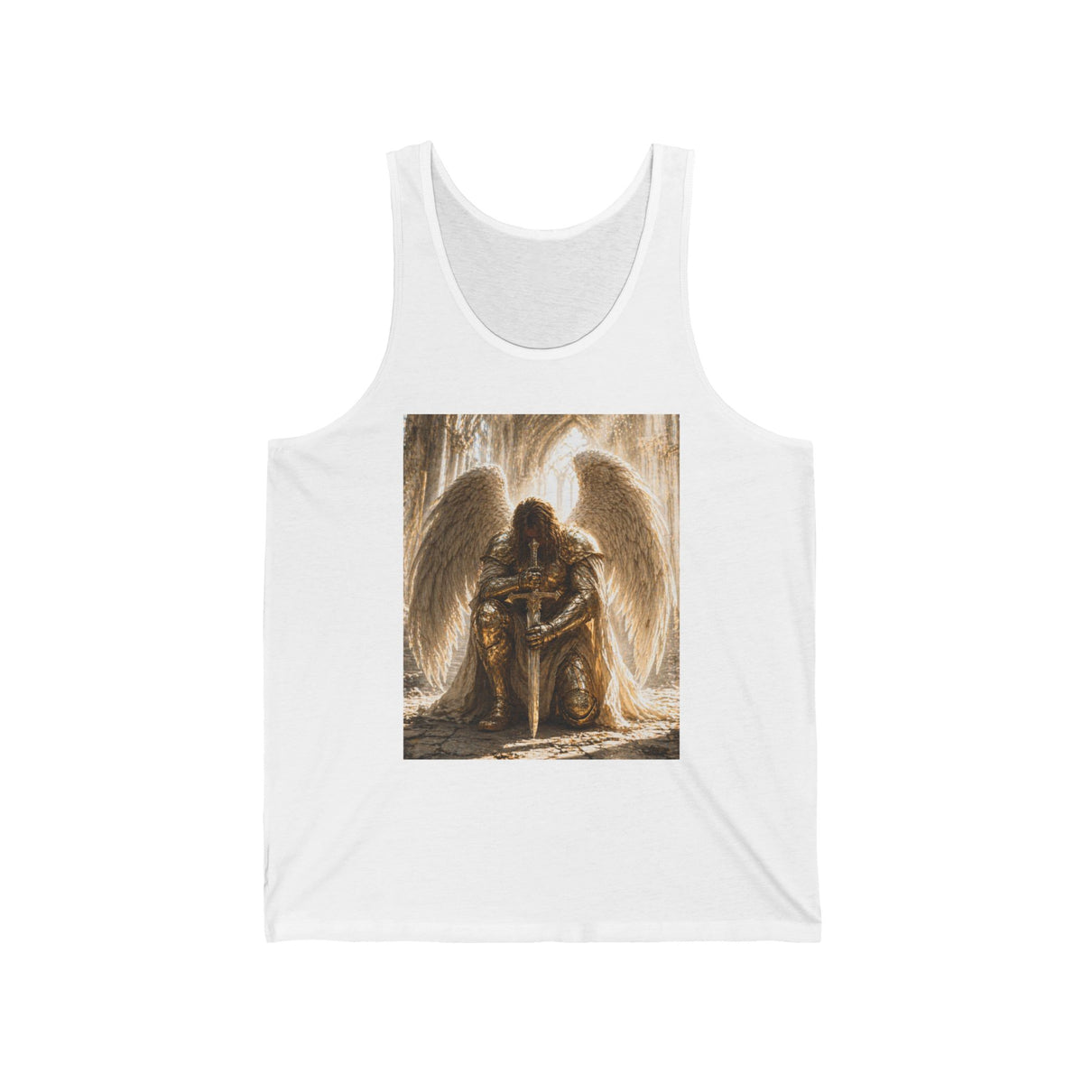 Guardian Angel Tank Top — Kneeling Angel with Sword Spiritual Graphic Tank