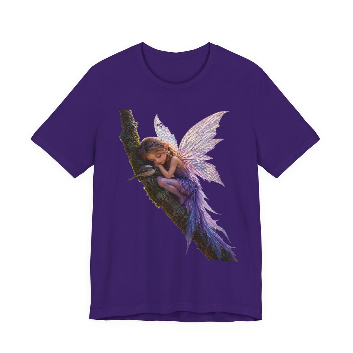 Fairy Sleeping on Branch T-Shirt — Magical Purple Fairy Tee for Women & Girls