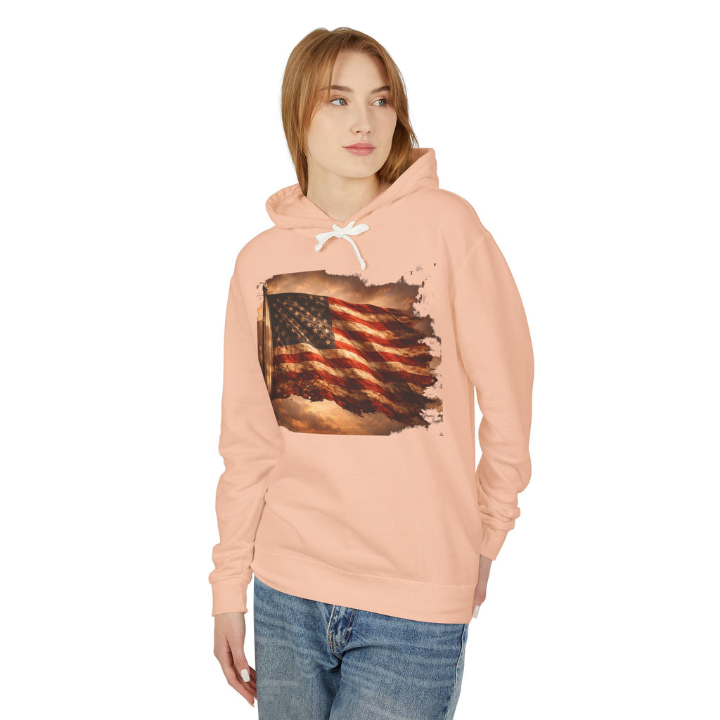 Distressed American Flag Hoodie — Vintage Patriot Lightweight Sweatshirt