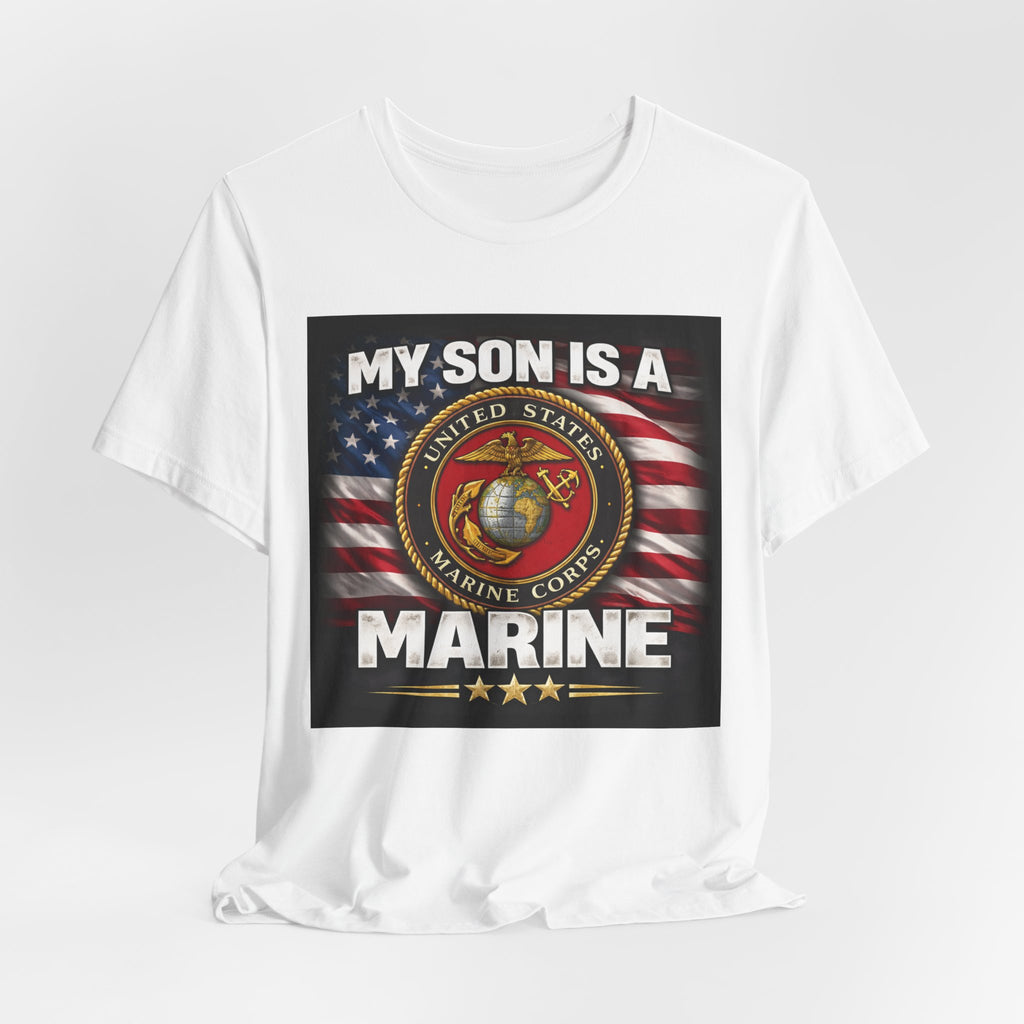 Marine Pride T-Shirt — "My Son Is A Marine" American Flag Emblem