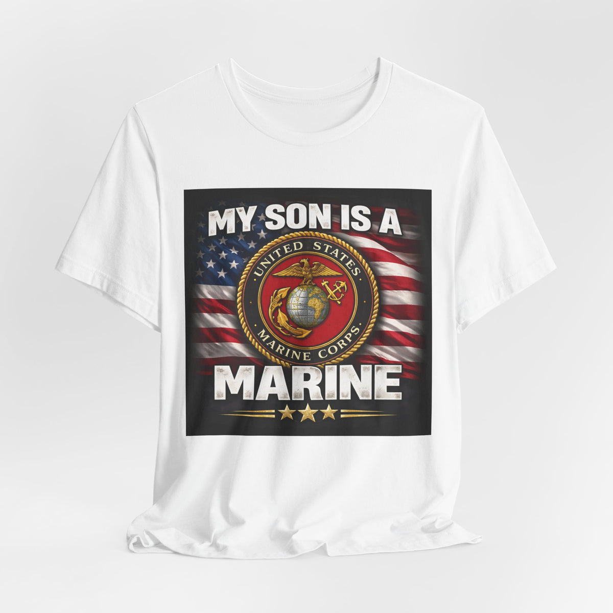 Marine Pride T-Shirt — "My Son Is A Marine" American Flag Emblem
