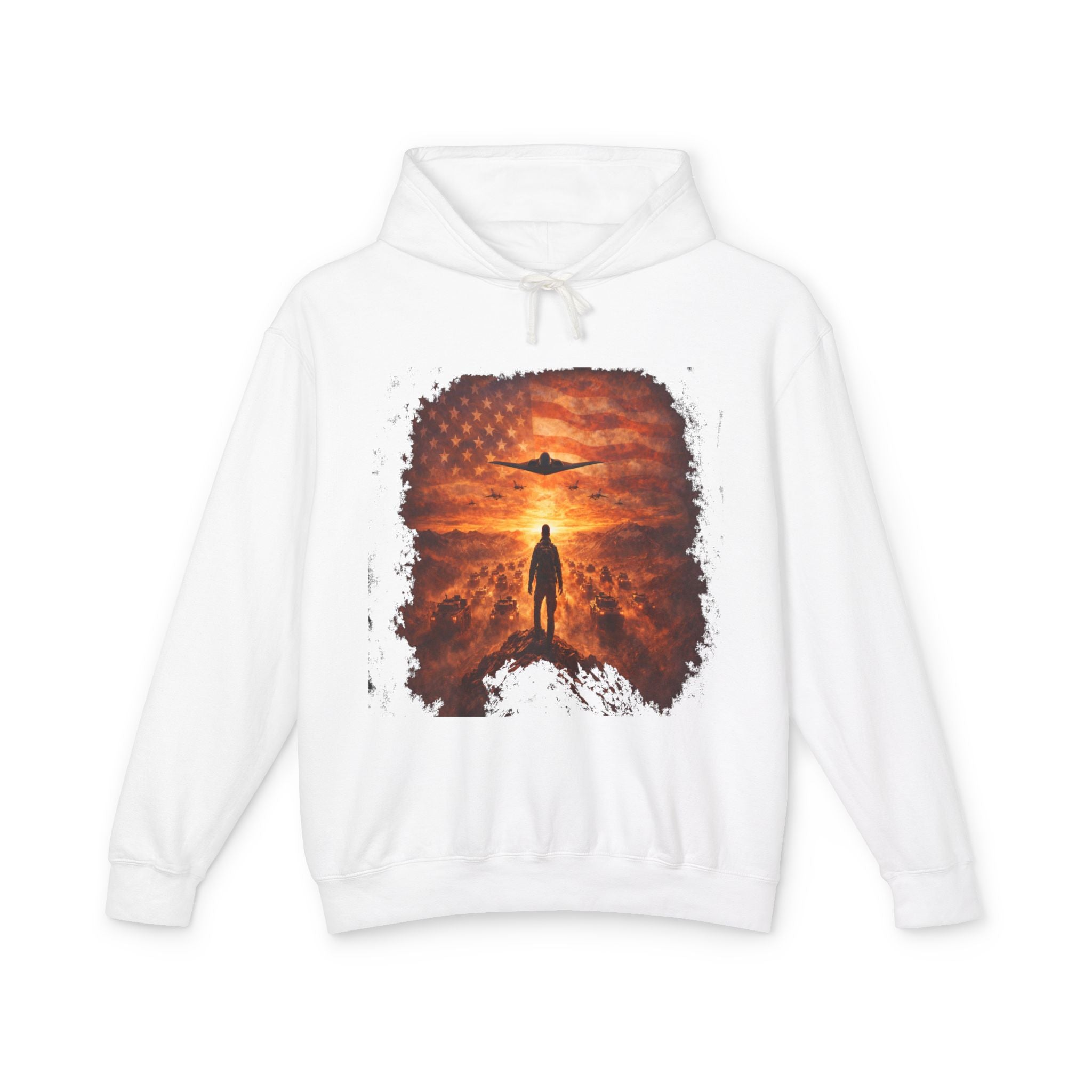 B2 Sprite---Sunset Flag Hoodie — Alien Silhouette American Flag Graphic