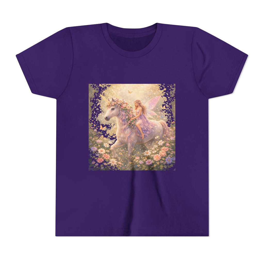 Youth Tee — Magical Fairy Riding Unicorn in Floral Garden Kids Shirt