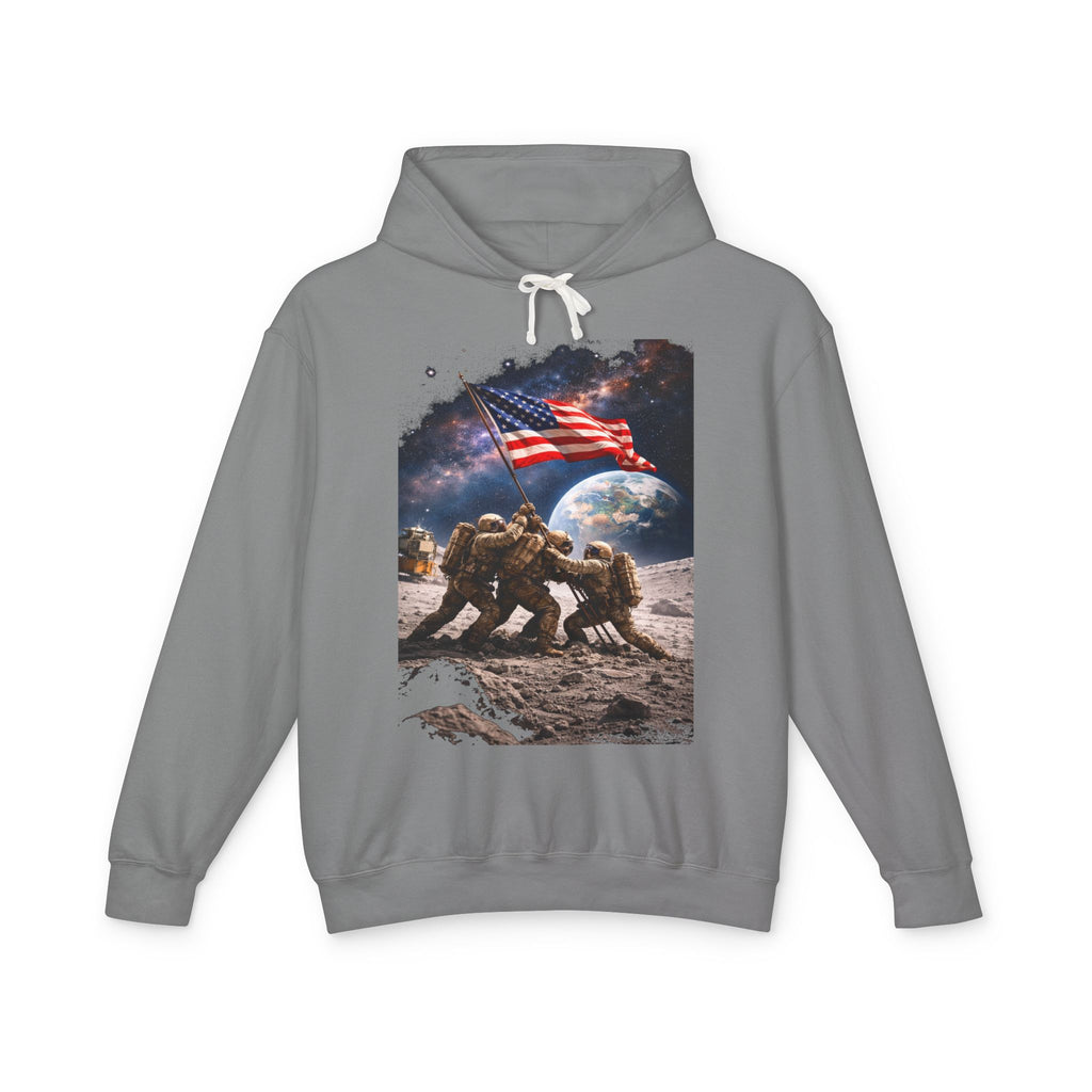 Patriotic Moon Landing Hoodie — Astronauts Raising American Flag Graphic