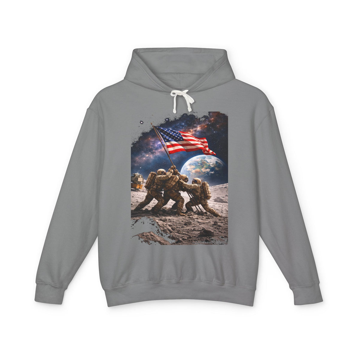 Patriotic Moon Landing Hoodie — Astronauts Raising American Flag Graphic