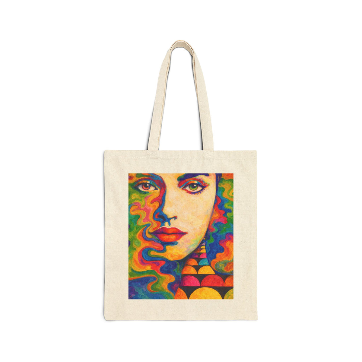 Artistic Psychedelic Face Tote — Colorful Abstract Portrait Canvas Bag