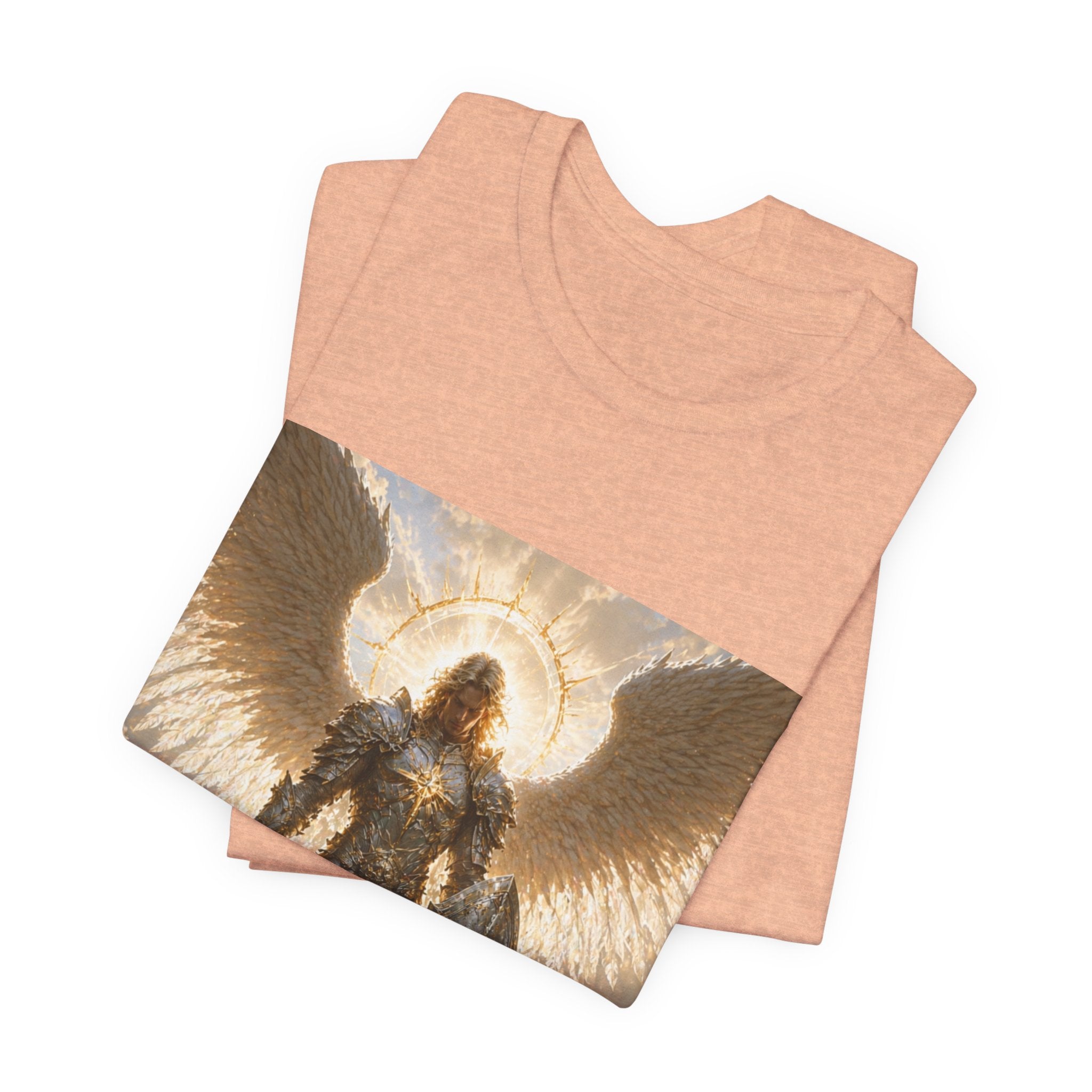 Archangel Warrior Graphic Tee — Golden Angel with Sword & Shield