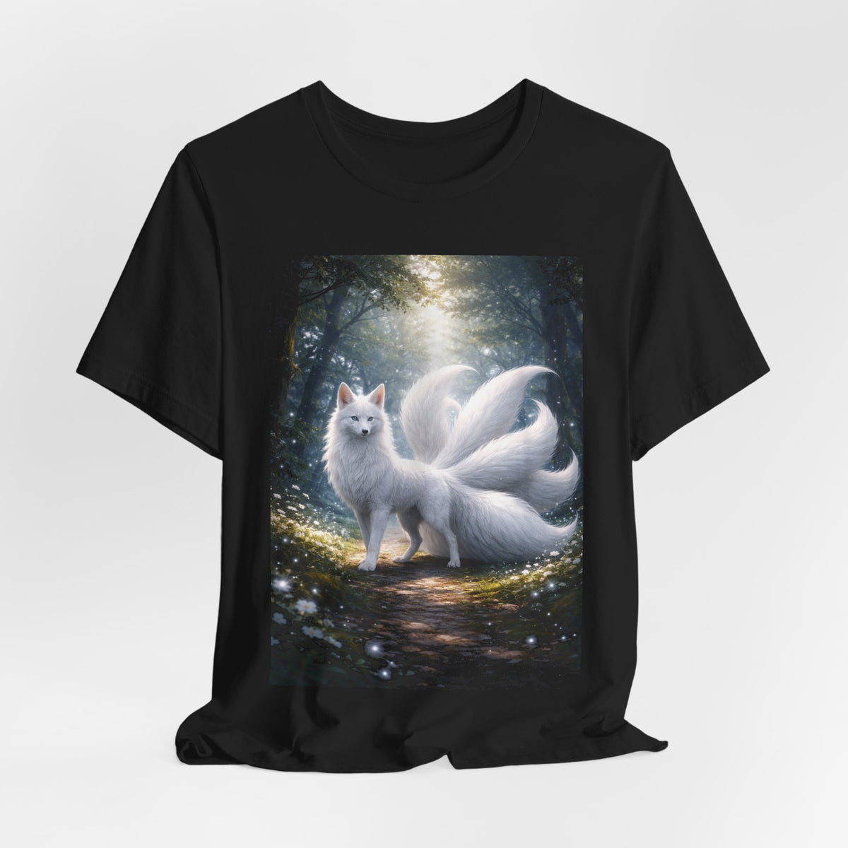 Nine-Tailed Fox Fantasy T-Shirt — Mystical White Kitsune Forest Tee