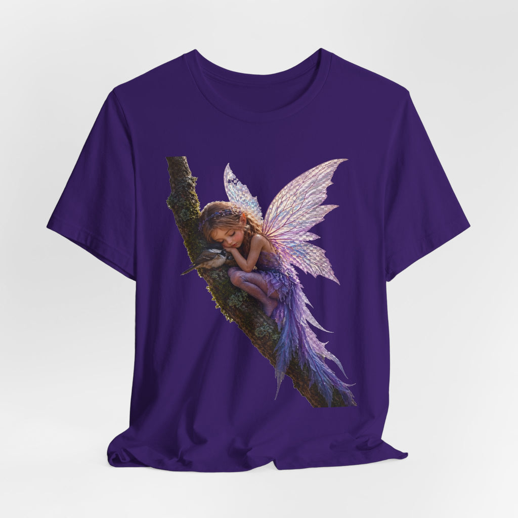 Fairy Sleeping on Branch T-Shirt — Magical Purple Fairy Tee for Women & Girls