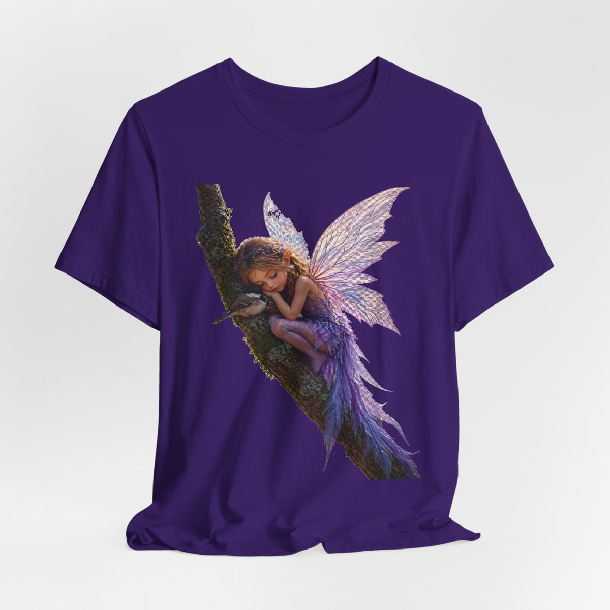 Fairy Sleeping on Branch T-Shirt — Magical Purple Fairy Tee for Women & Girls