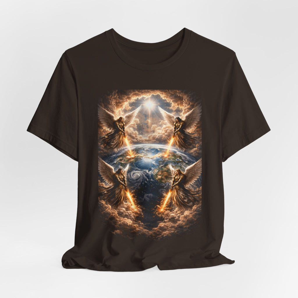 Revelation 7:1 Four angels standing on the four corners of the earth as seen from heaven-when the secound comingis near T‑Shirt — Heavenly Earth & Angels Graphic Tee