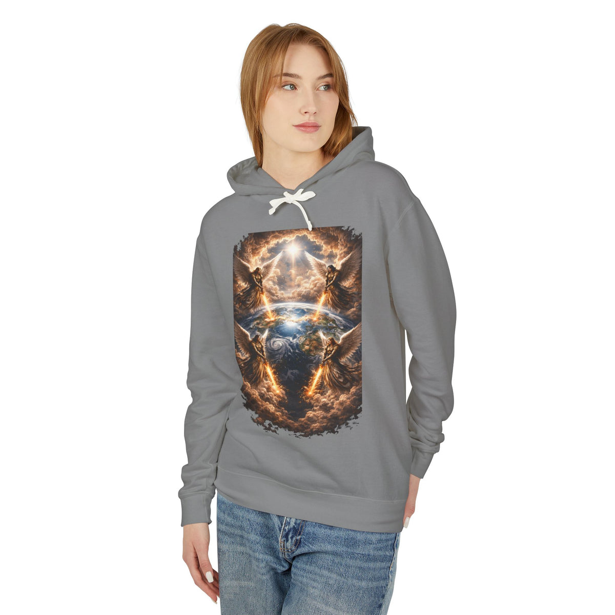 Revelation 7:1 Four angels standing on the four corners of the earth as seen from heaven Apocalyptic Earth Graphic Hoodie — Cosmic Storms, Lightning & Angelic Light