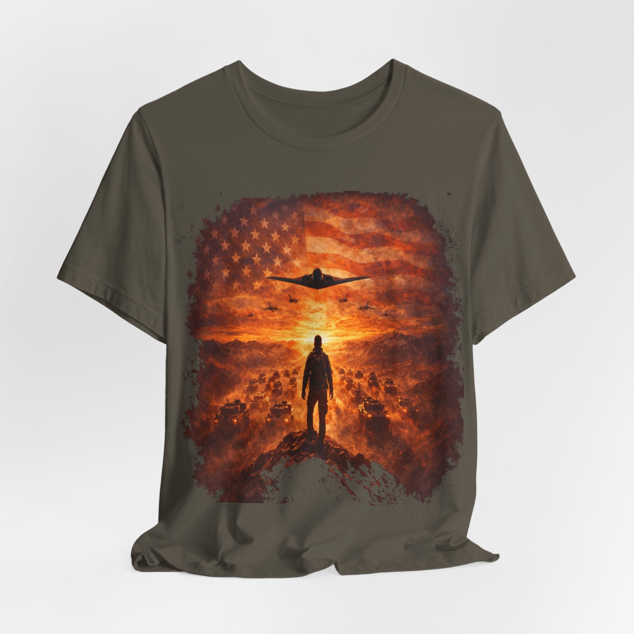 USA-Military Aviation T-Shirt — Bomber Silhouette with American Flag Sunset