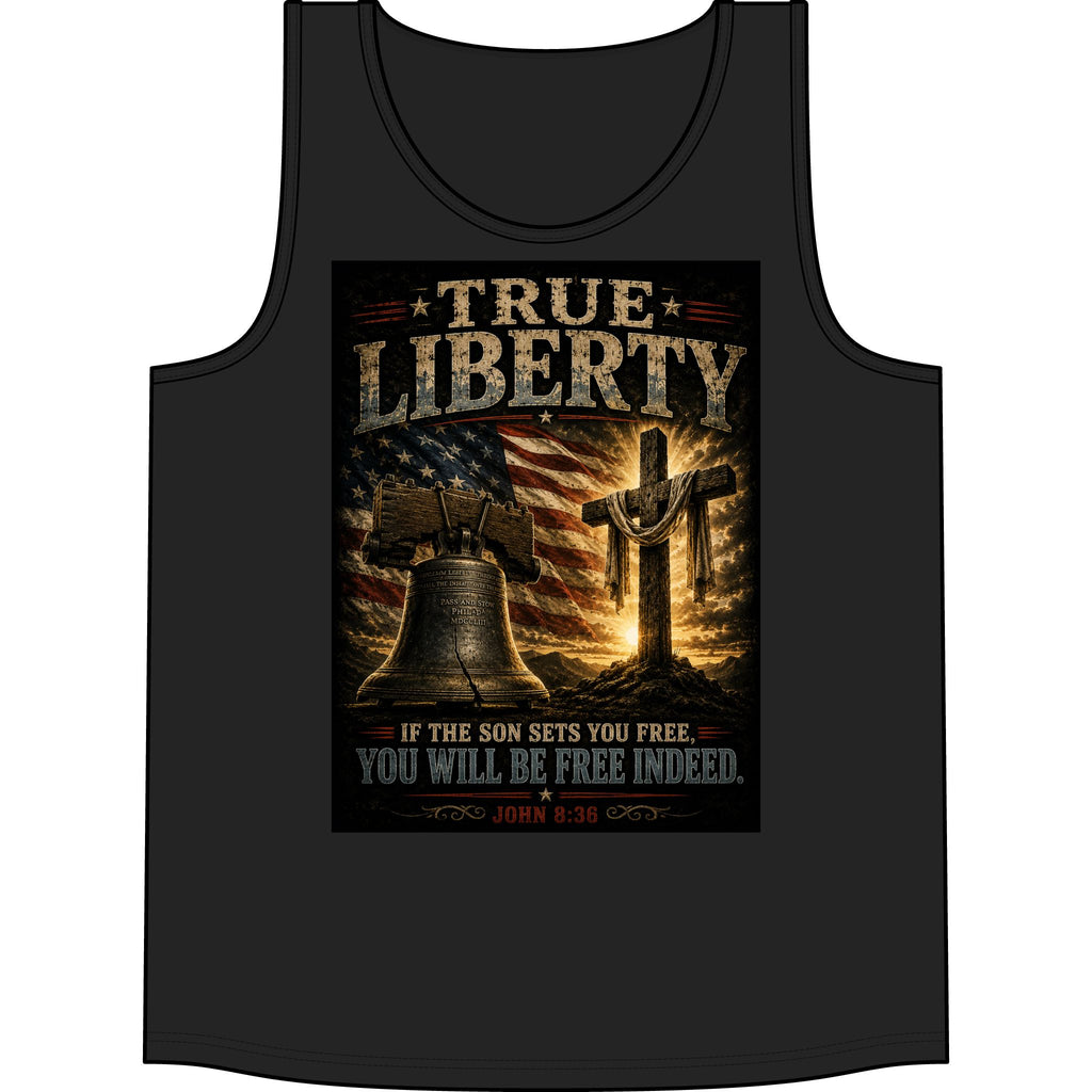 True Liberty Christian Tank Top — Patriotic Cross & Liberty Bell Bible Verse (John 8:36)