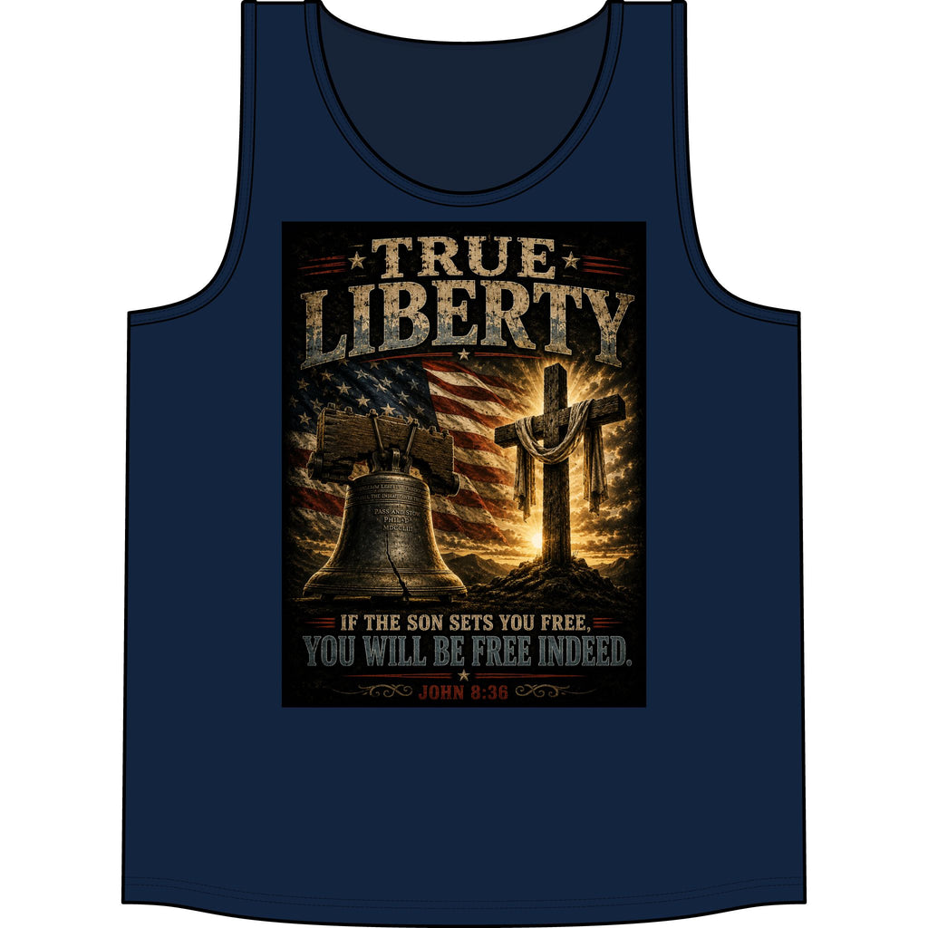 True Liberty Christian Tank Top — Patriotic Cross & Liberty Bell Bible Verse (John 8:36)
