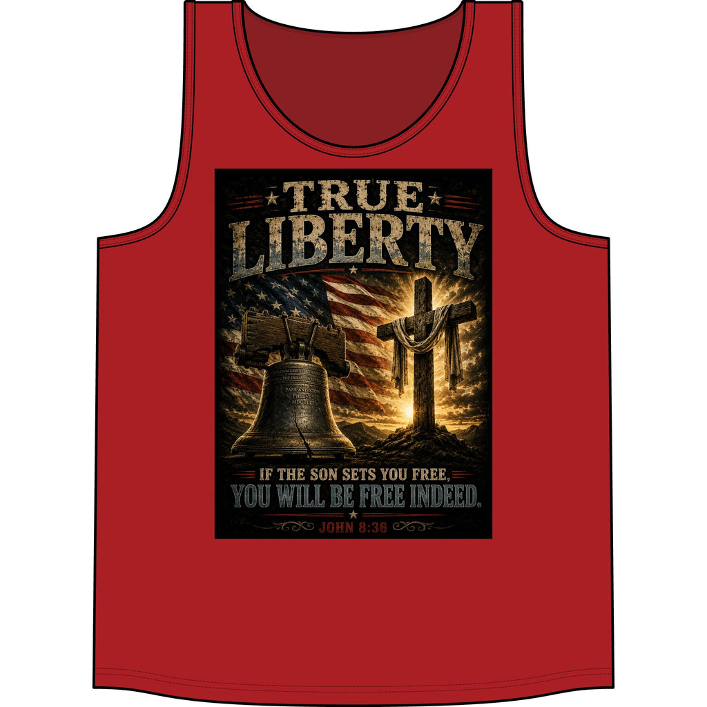 True Liberty Christian Tank Top — Patriotic Cross & Liberty Bell Bible Verse (John 8:36)