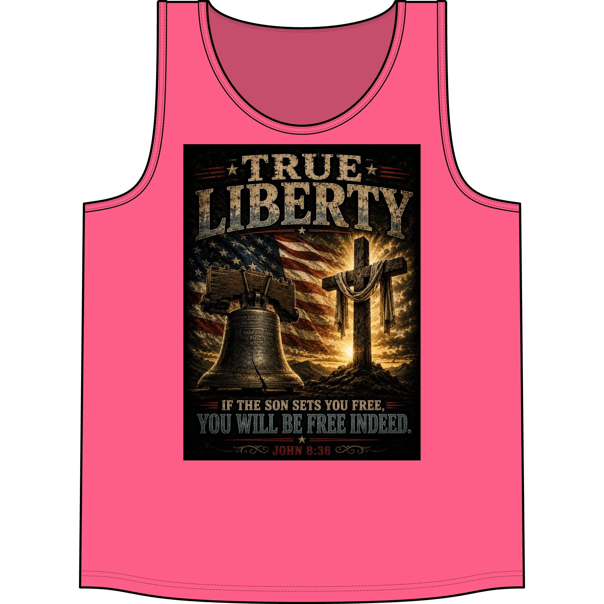 True Liberty Christian Tank Top — Patriotic Cross & Liberty Bell Bible Verse (John 8:36)