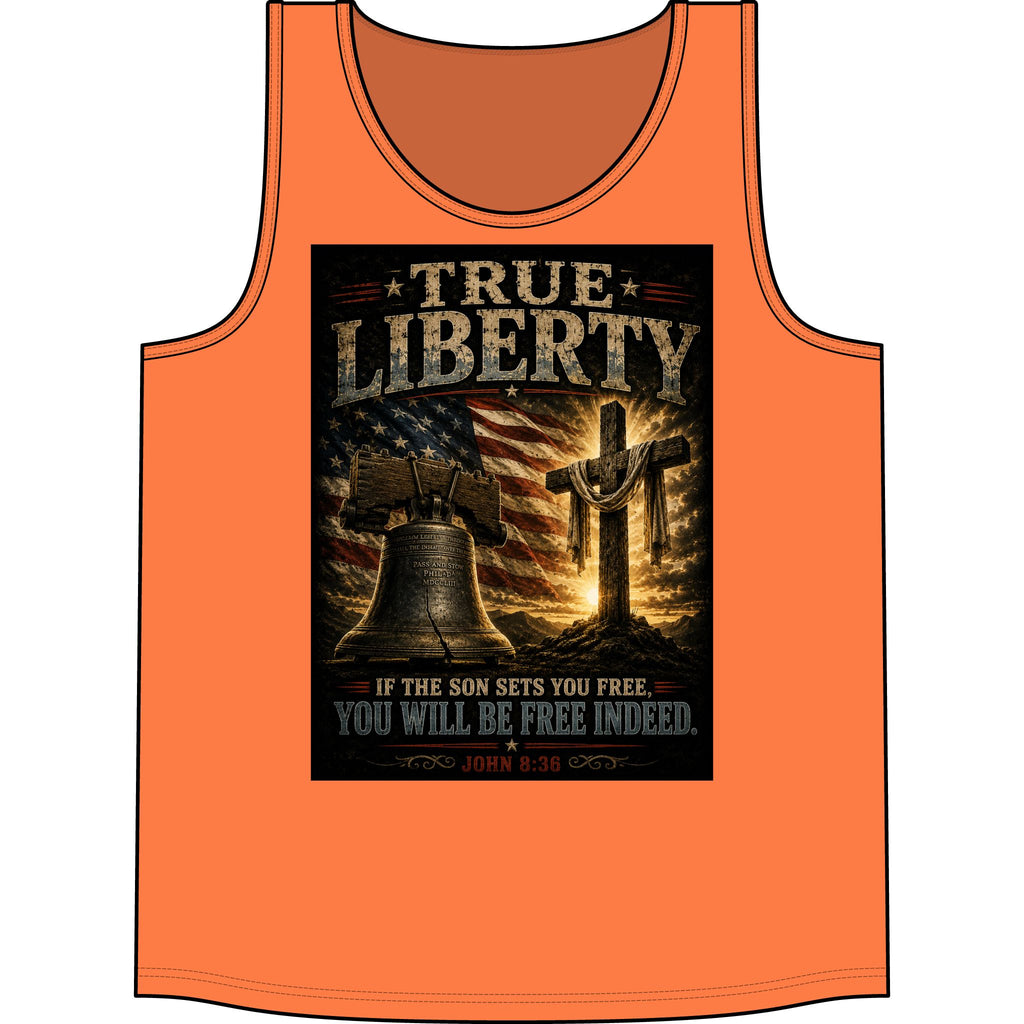 True Liberty Christian Tank Top — Patriotic Cross & Liberty Bell Bible Verse (John 8:36)