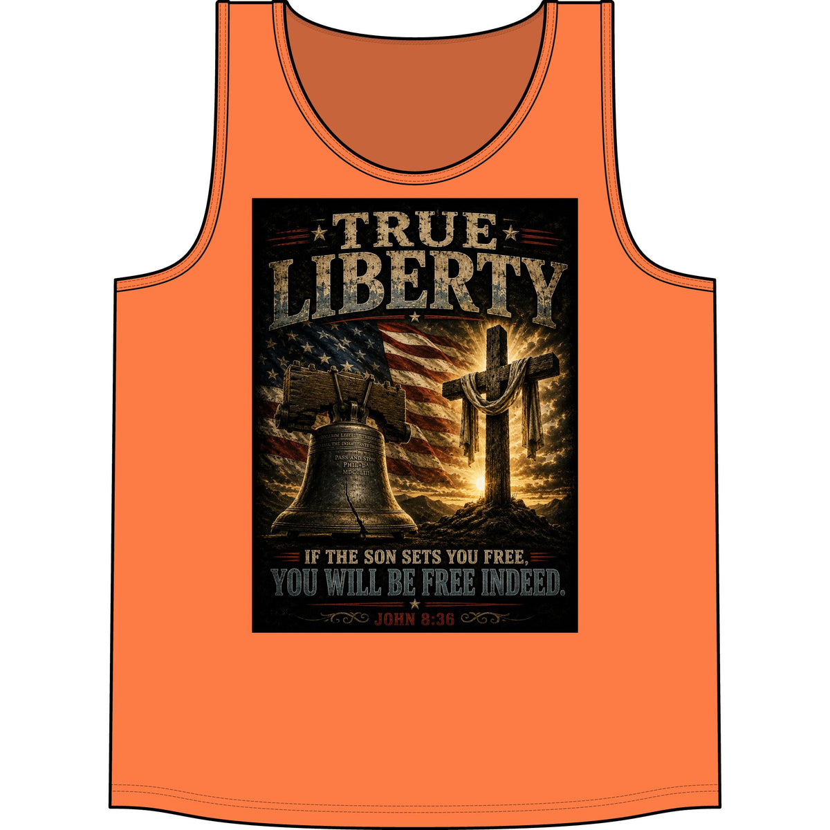True Liberty Christian Tank Top — Patriotic Cross & Liberty Bell Bible Verse (John 8:36)