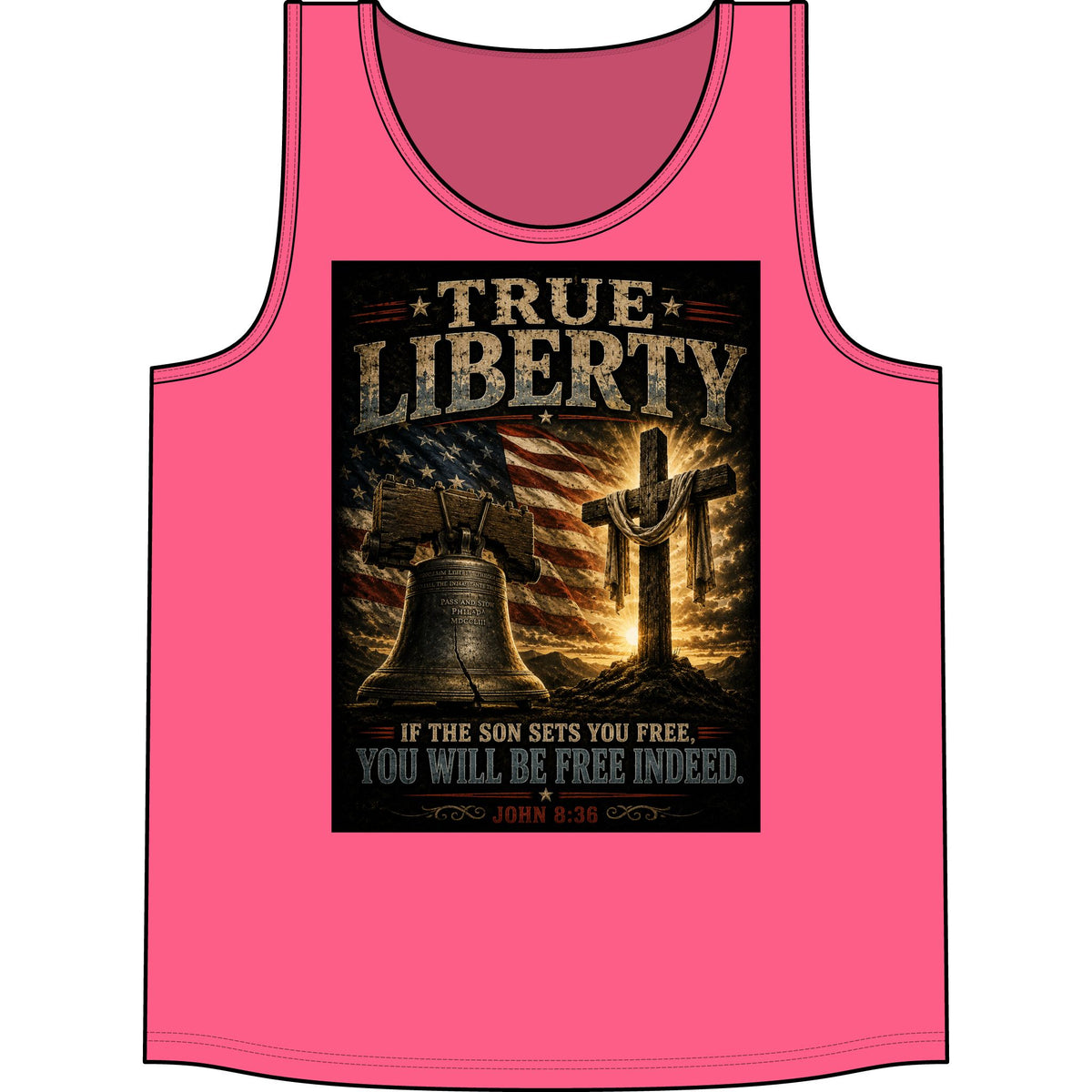 True Liberty Christian Tank Top — Patriotic Cross & Liberty Bell Bible Verse (John 8:36)