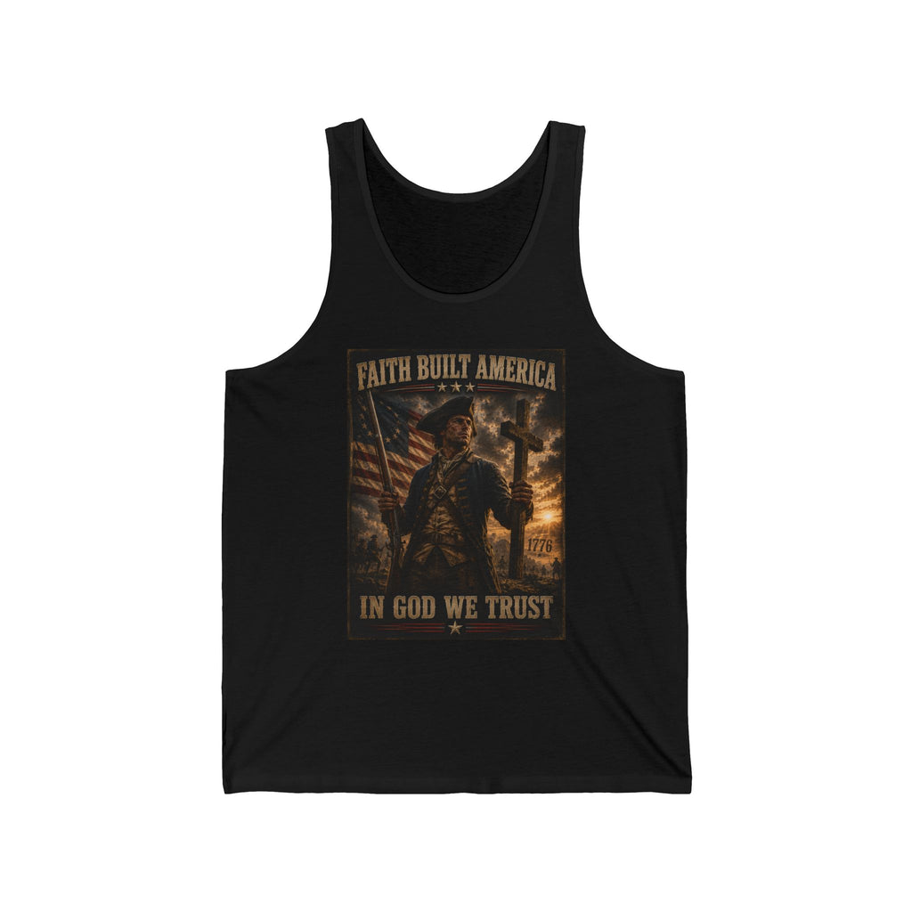 Patriotic Tank Top - "Faith Built America, In God We Trust" Vintage Soldier Design