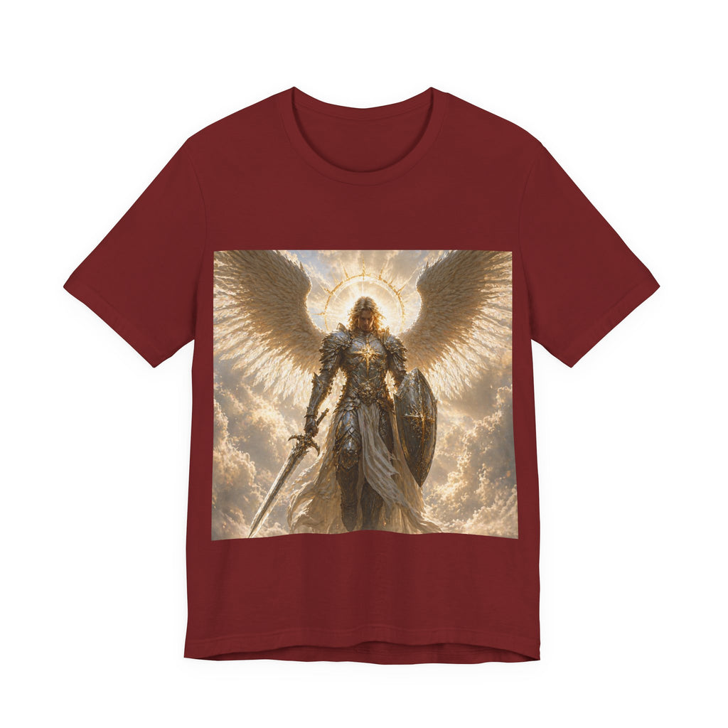 Archangel Warrior Graphic Tee — Golden Angel with Sword & Shield