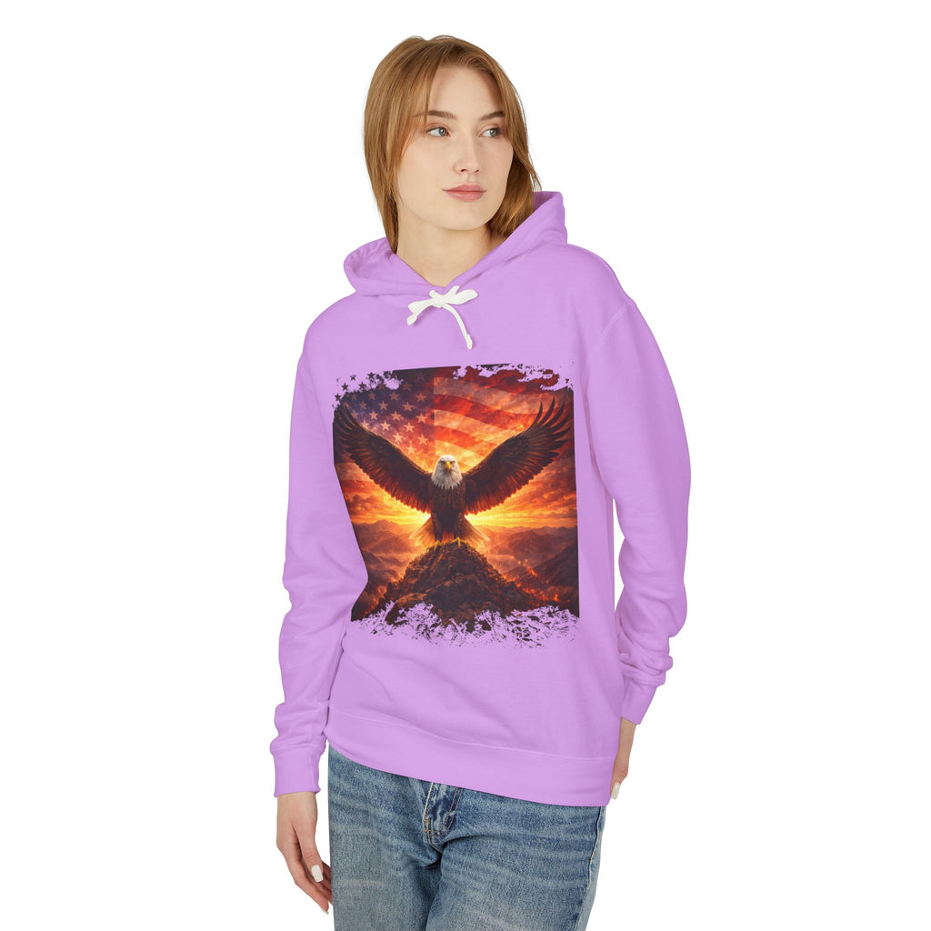 Eagle Rising Hoodie — Patriotic Bald Eagle Sunset Graphic Sweatshirt