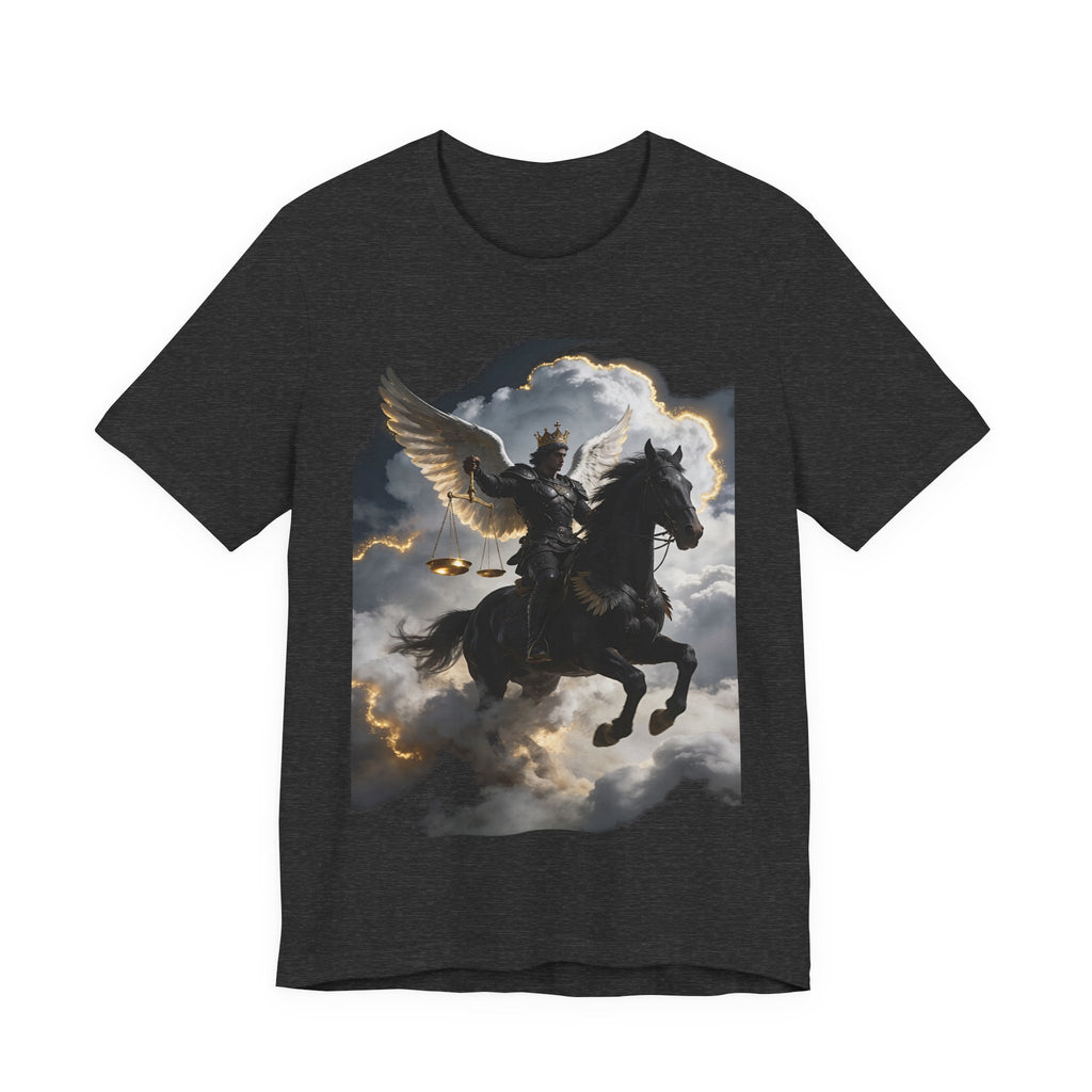 Revelation 6:5-6! And on the horse was a rider with wings as an angle dress as an warrior in black holding a golden a pair of scalesT‑Shirt — Winged Knight Graphic Tee