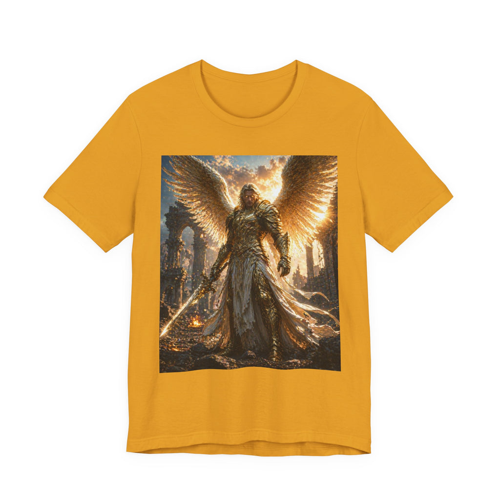 Angel Warrior Graphic Tee — Golden Archangel Battle Scene T-Shirt