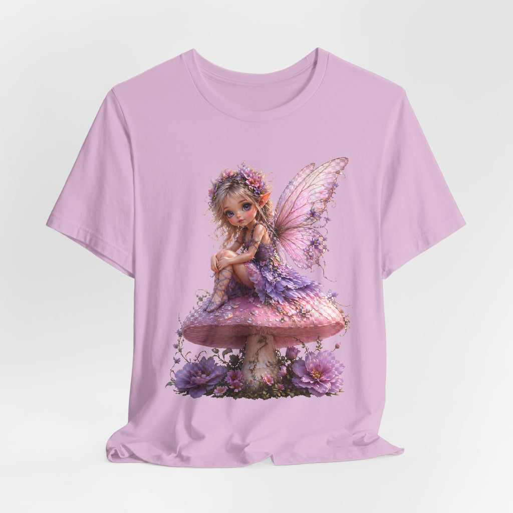 Fairy on Mushroom T-Shirt — Cute Pink Butterfly Fairy Graphic Tee for Kids & Adults
