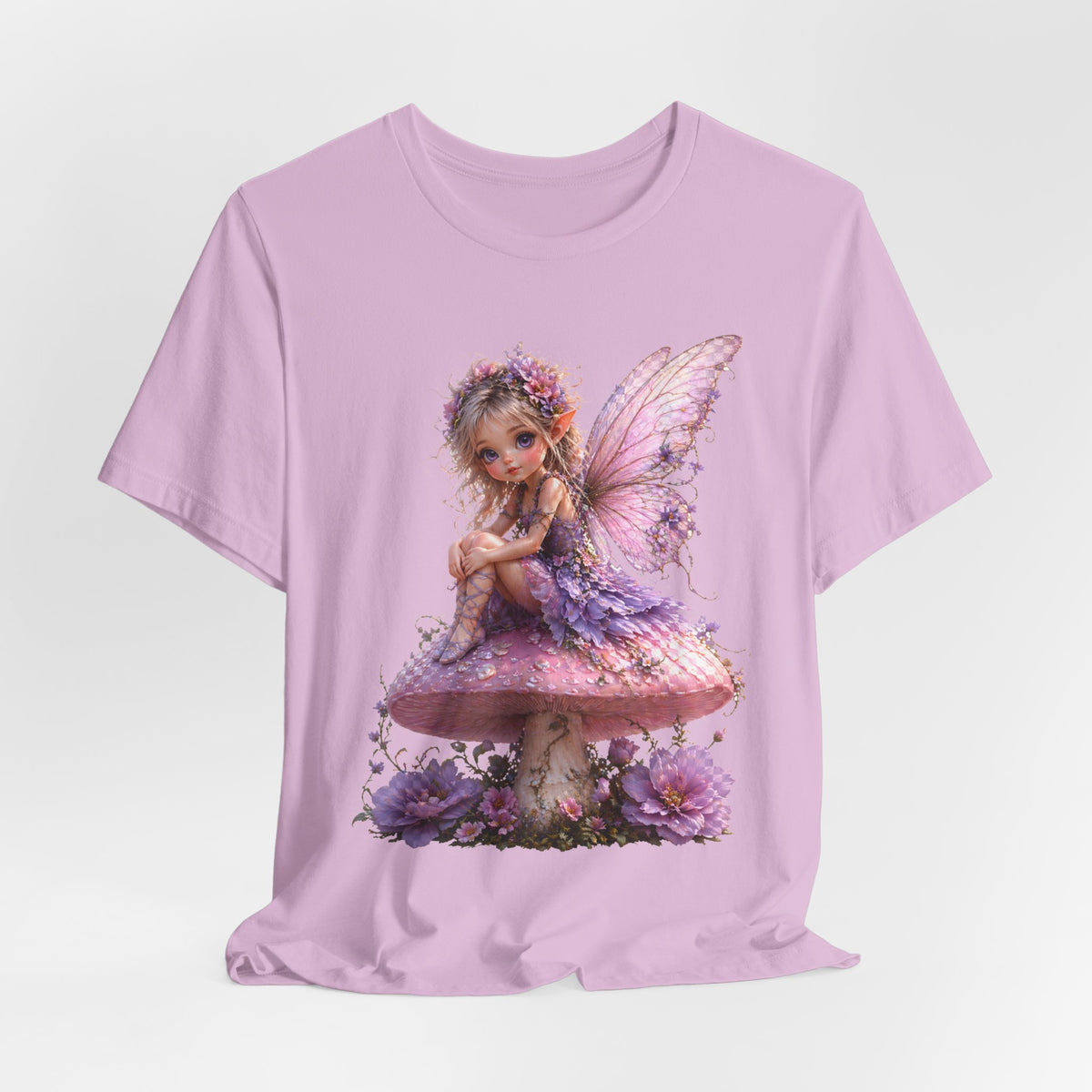 Fairy on Mushroom T-Shirt — Cute Pink Butterfly Fairy Graphic Tee for Kids & Adults