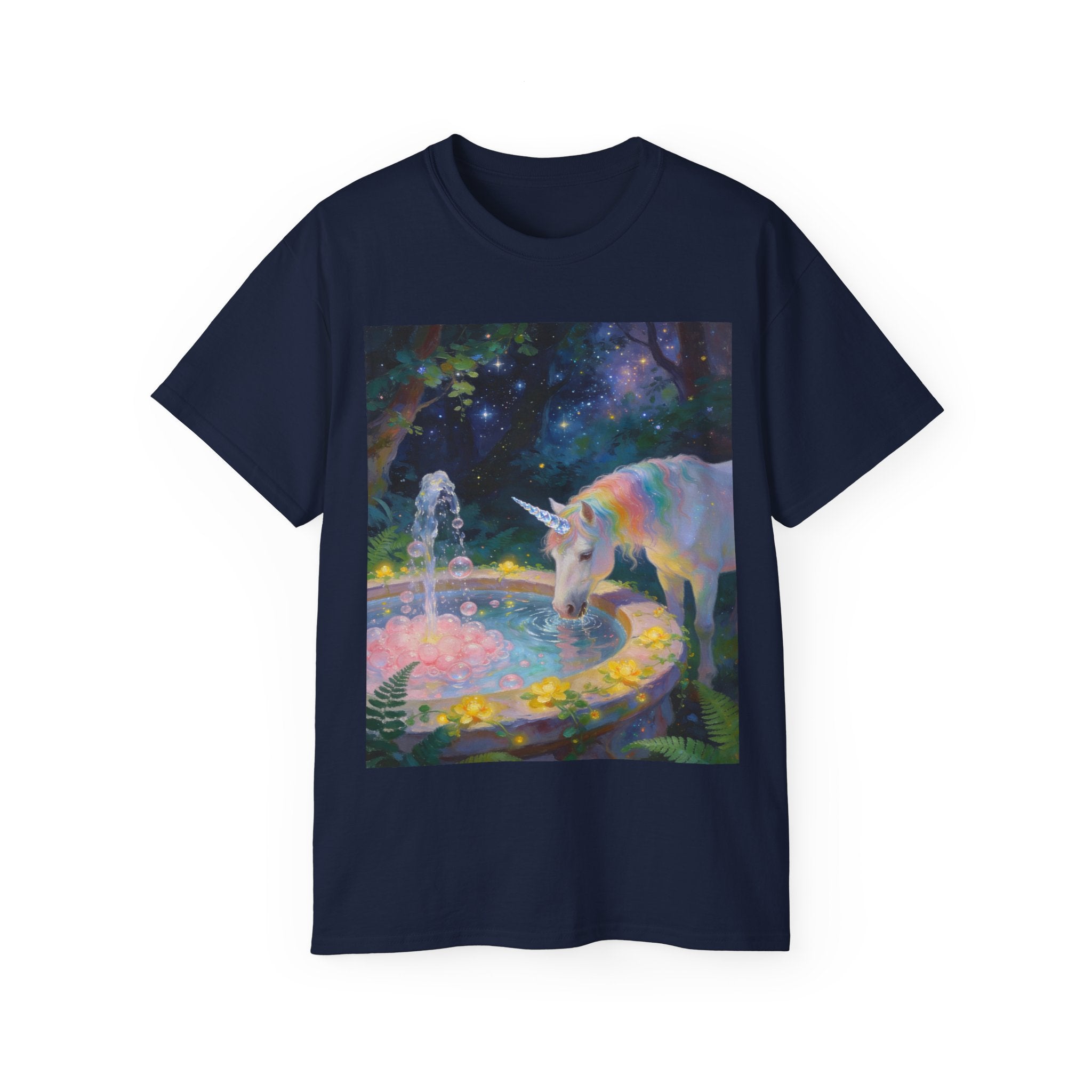 Copy of Unicorn Night Garden Tee — Rainbow Unicorn at Moonlit Fountain T-Shirt