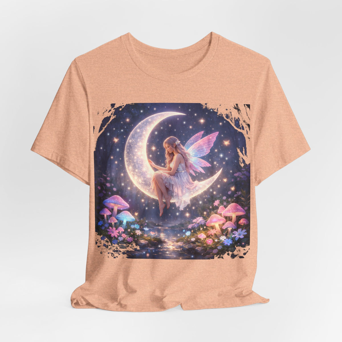 Fairy on the Moon T‑Shirt — Dreamy Fantasy Night Tee with Fairy and Mushrooms