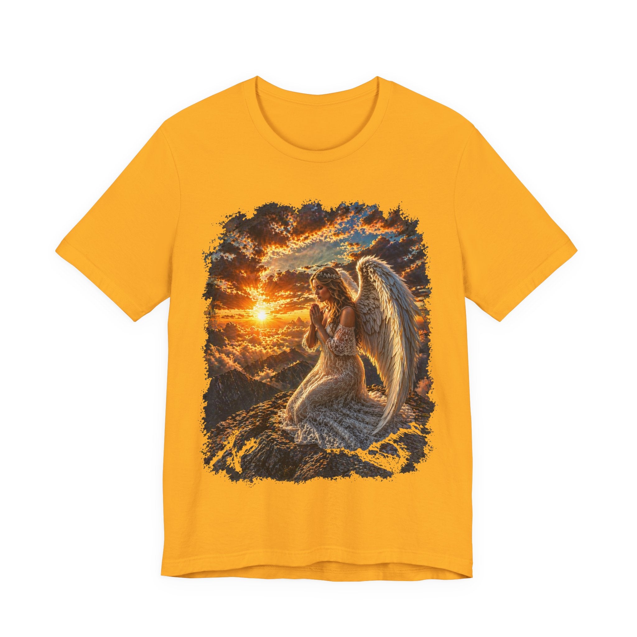 Angel at Sunset Graphic Tee — Prayerful Guardian Winged Angel T-Shirt