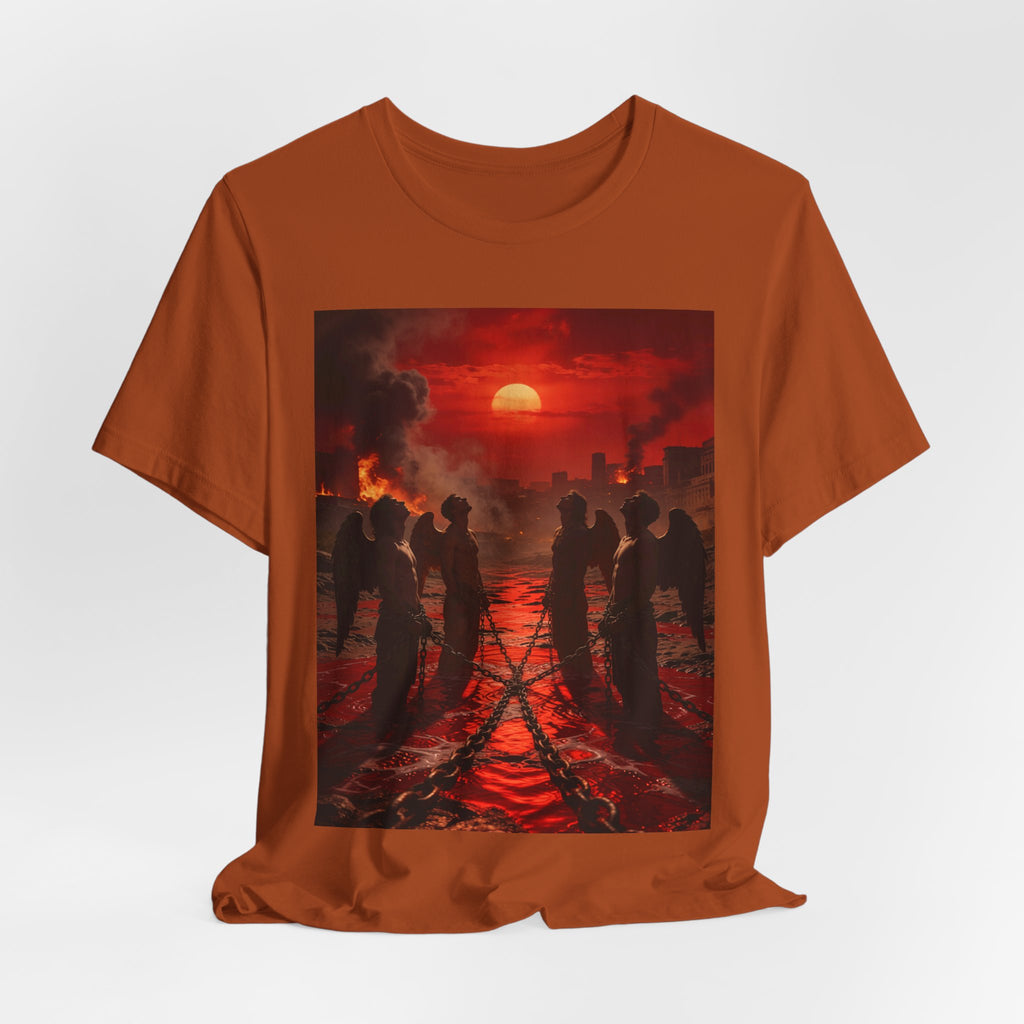 T-Shirt — Revelation 9 reveals four fallen angels bound in the Euphrates River, awaiting God’s appointed time to bring judgment.