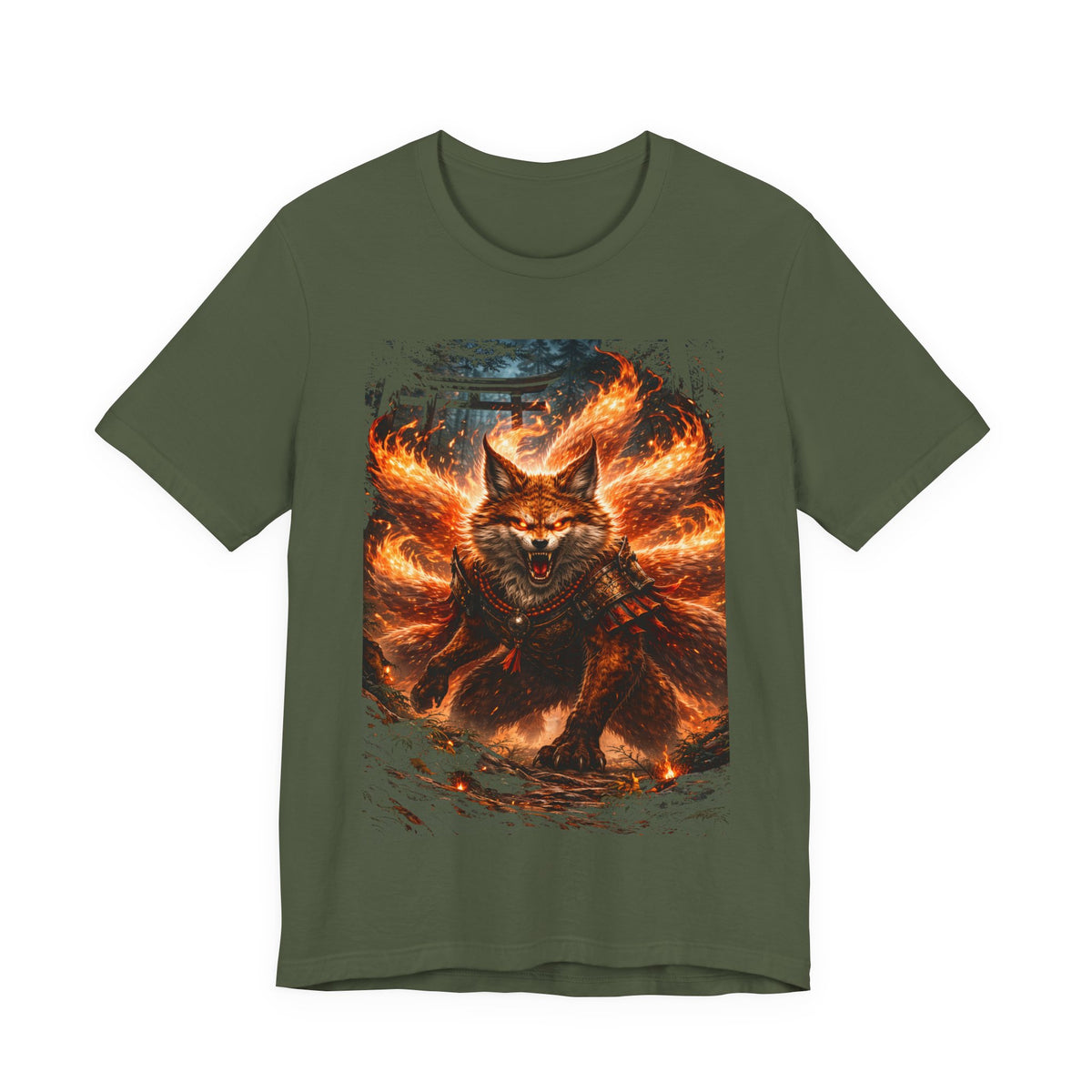 Fiery Nine-Tailed Fox Graphic Tee – Mythic Kitsune Flame Shirt
