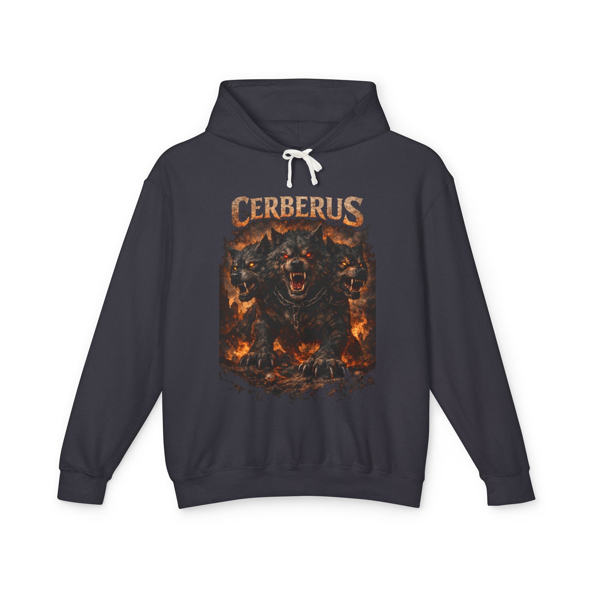 Cerberus Flames Hoodie — Mythical Three-Headed Dog Graphic Sweatshirt