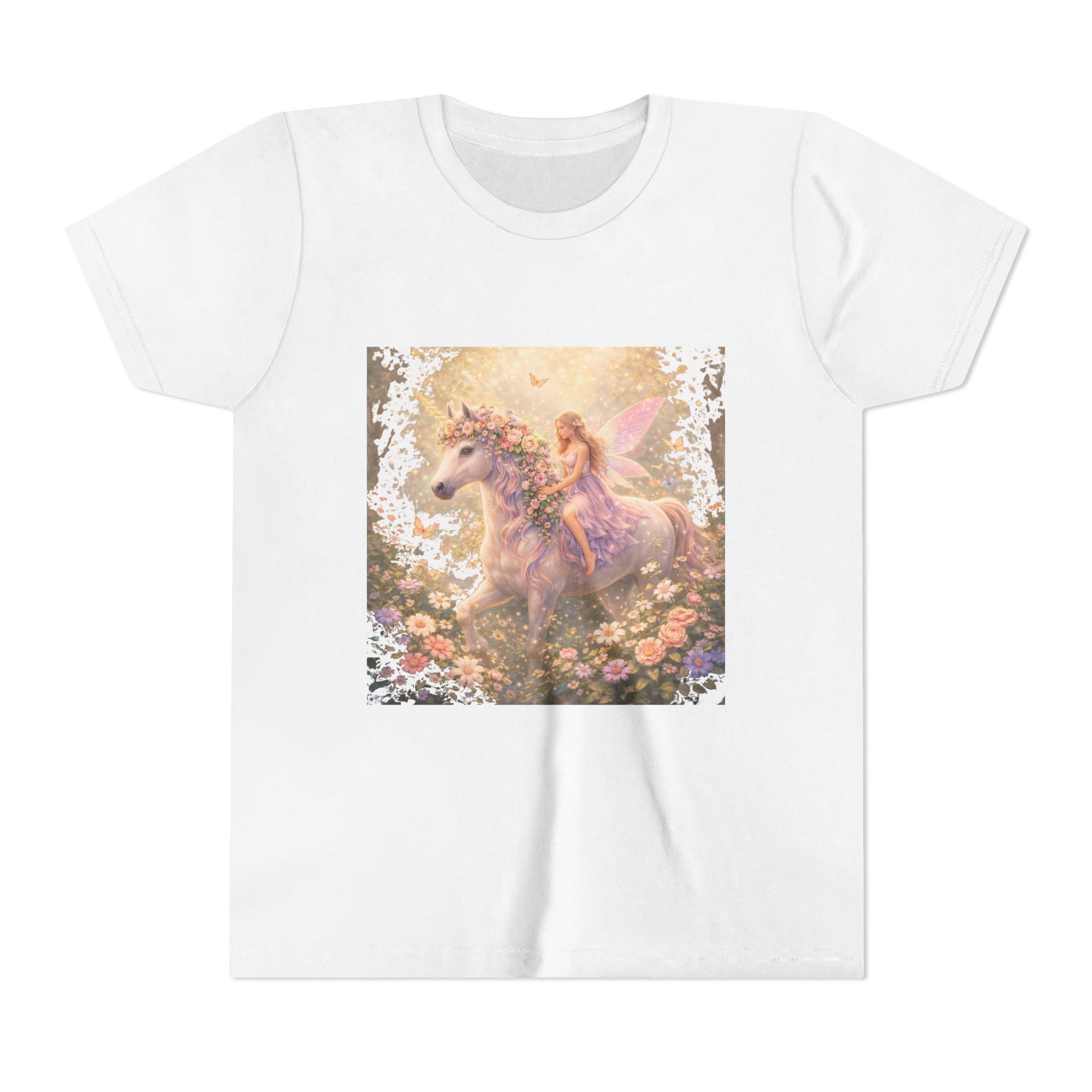 Youth Tee — Magical Fairy Riding Unicorn in Floral Garden Kids Shirt