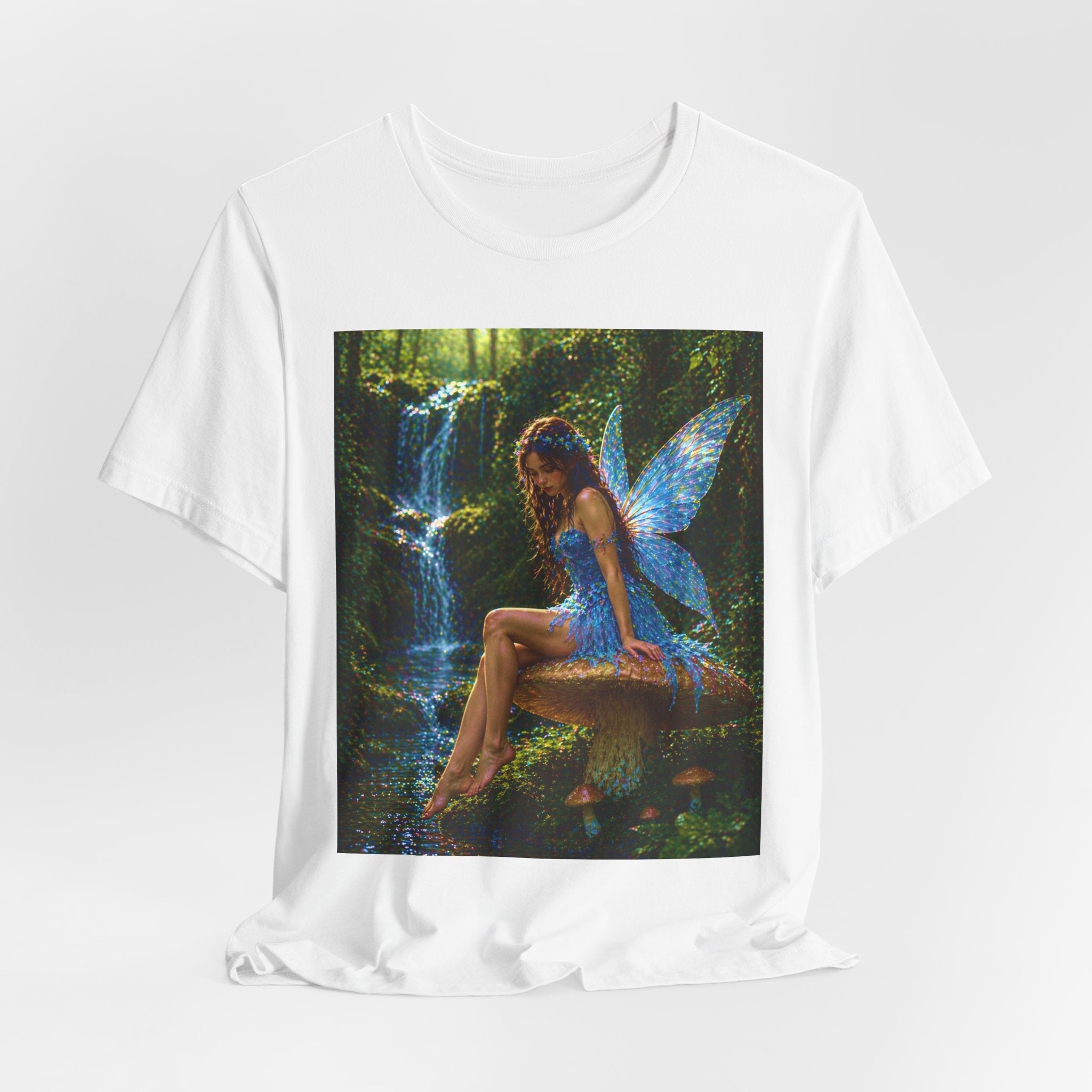 Fairy Forest T-Shirt — Enchanted Blue Fairy Sitting by Waterfall