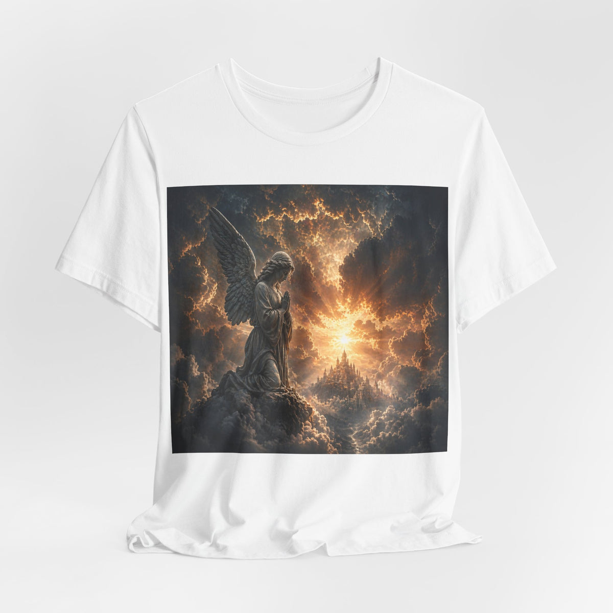 Angel in Storm Graphic Tee — Dramatic Celestial Art T-Shirt