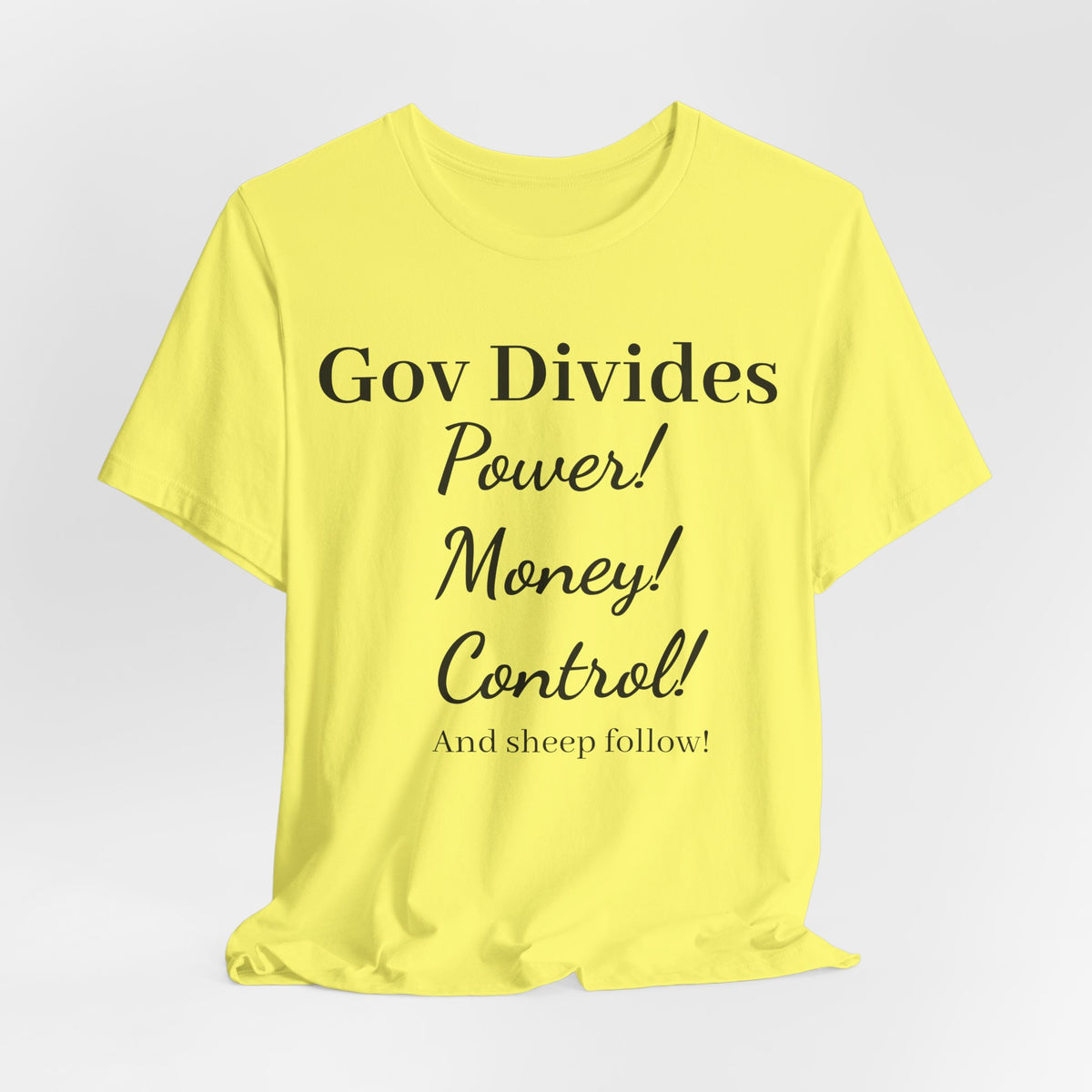 Gov Divides T‑Shirt – "Gov Divides: Power! Money! Control!" Political Statement Tee