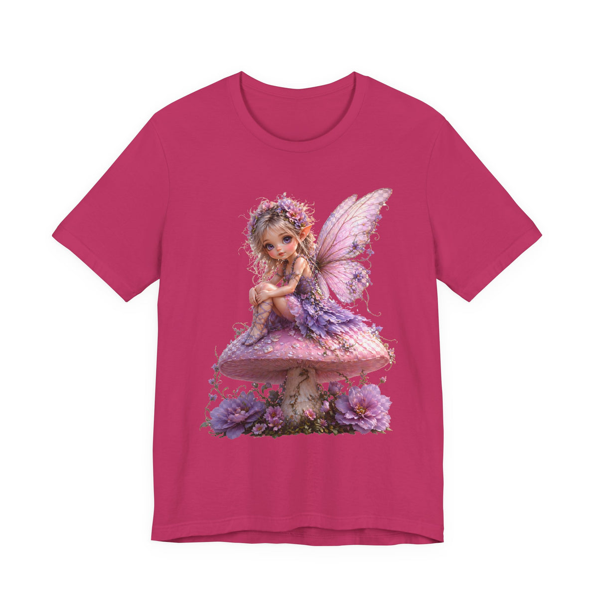 Fairy on Mushroom T-Shirt — Cute Pink Butterfly Fairy Graphic Tee for Kids & Adults