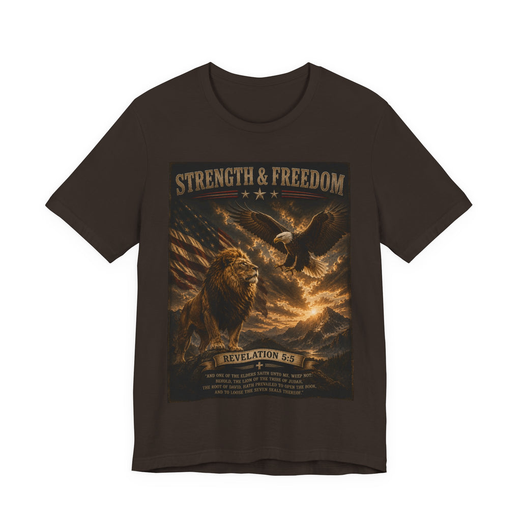Strength & Freedom Christian Lion Tee – Revelation 5:5 Inspirational Graphic T-Shirt